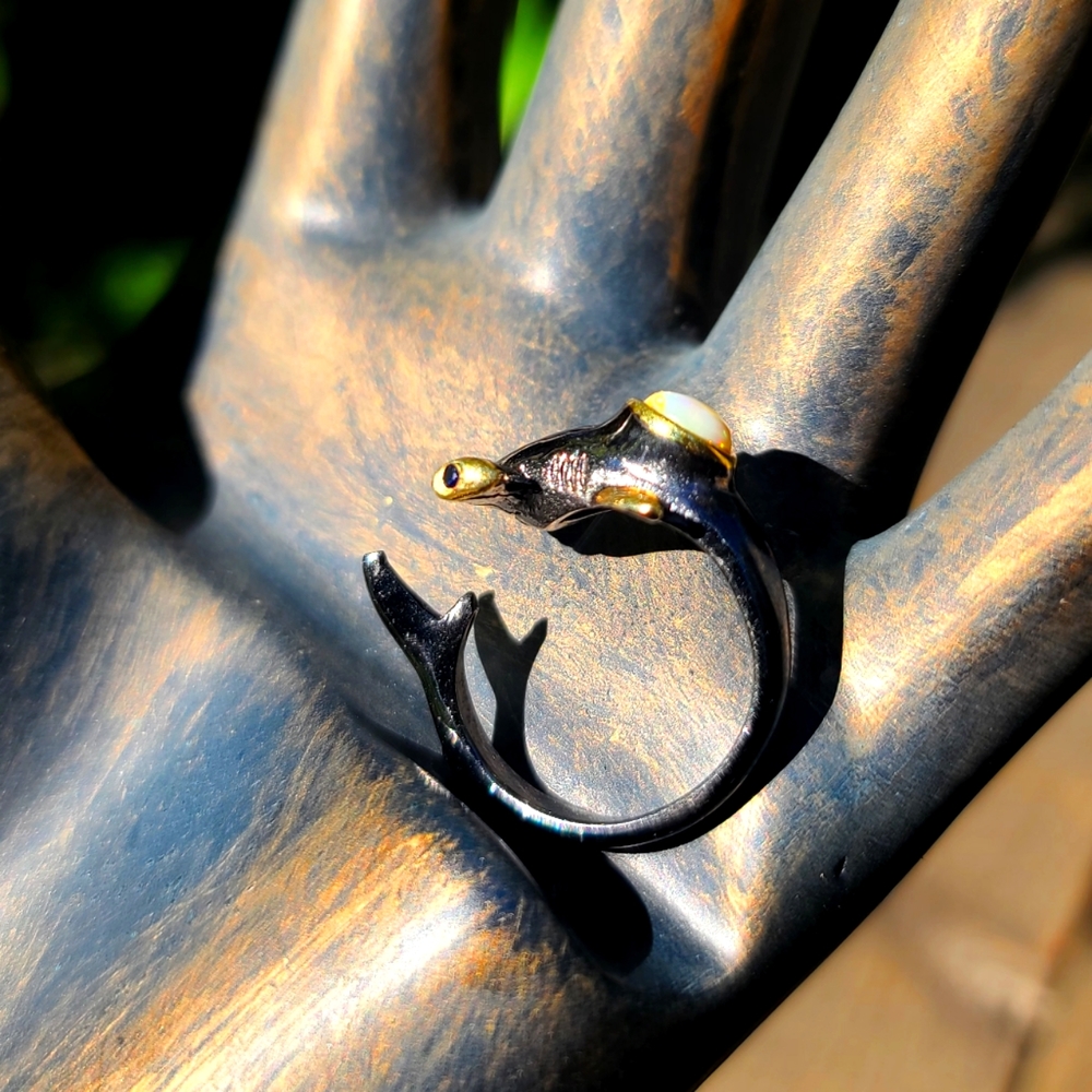 Opal & Sapphire Hammerhead 🦈 Shark Sterling Rhodium &gold ring sz8.5 adjustable